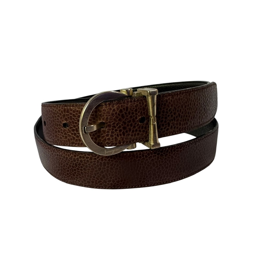 SALVATORE FERRAGAMO Black & Brown Pebbled Leather Belt Men 35 Made In Italy